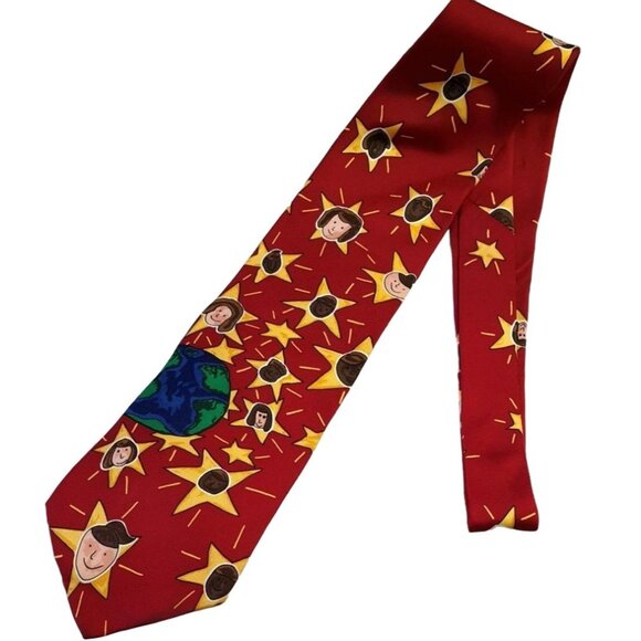 2/$15 Save the Children Mens Necktie Star Silk Red 56.25" Father's Day Holiday - Picture 2 of 6